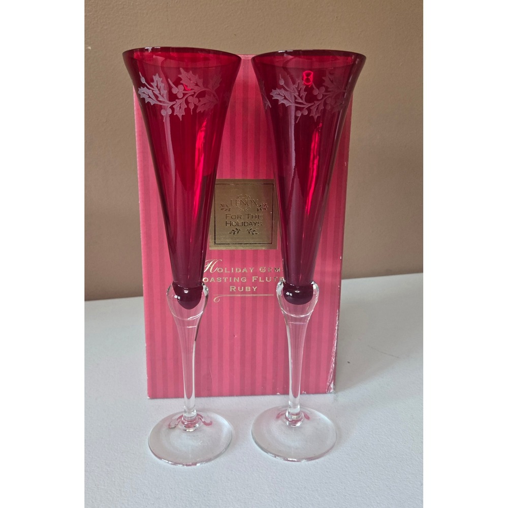 Lenox Holiday Gems Ruby Toasting Flutes Set of 2‎ Red Crystal Boxed 1998